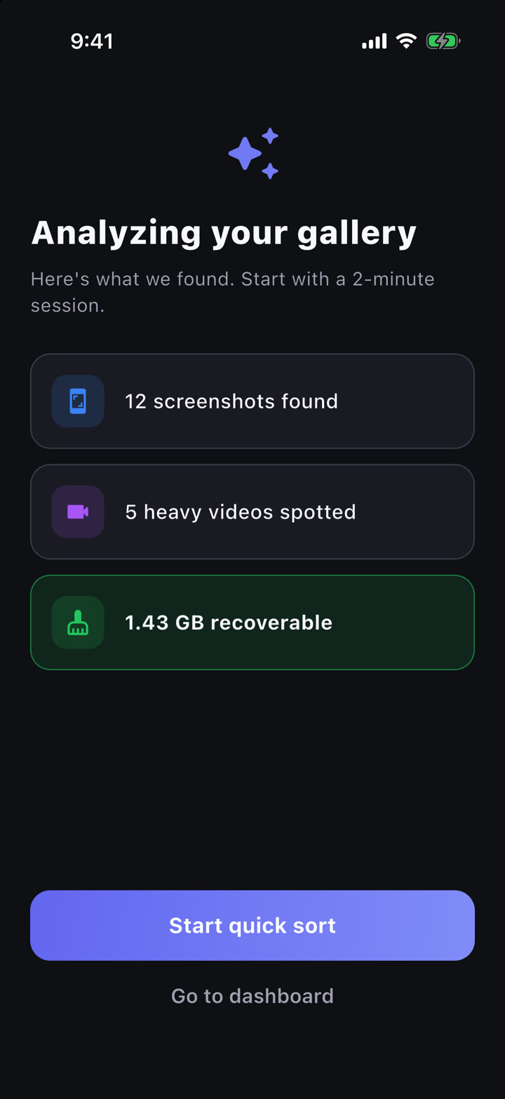 PhotoCorner: gallery analysis with duplicates, screenshots and space to win back