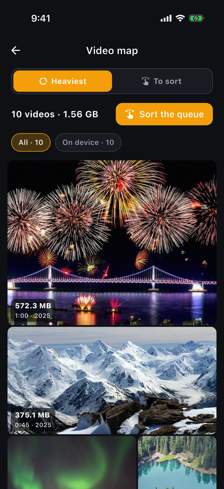 PhotoCorner: videos ranked by size, heaviest first