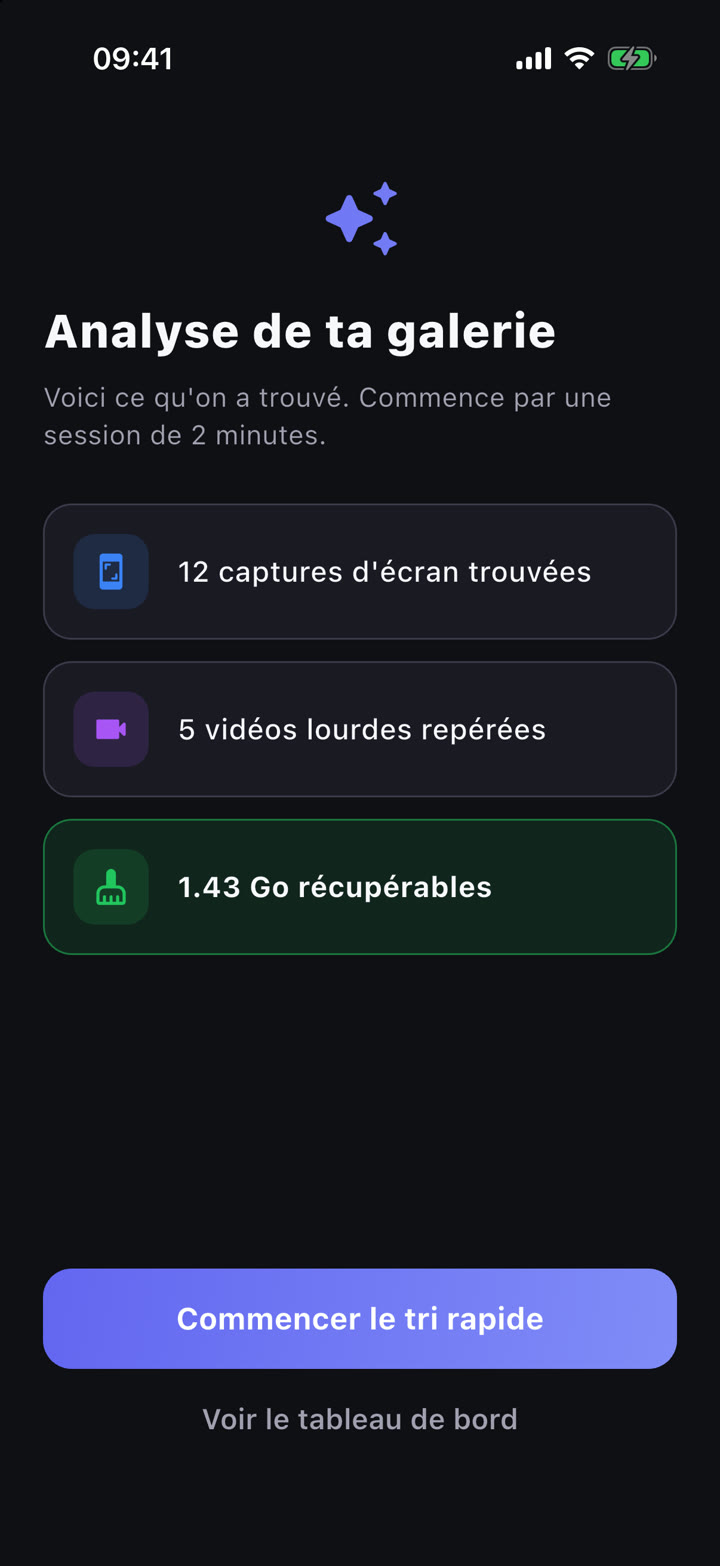 PhotoCorner : analyse de la galerie avec doublons, captures et espace récupérable